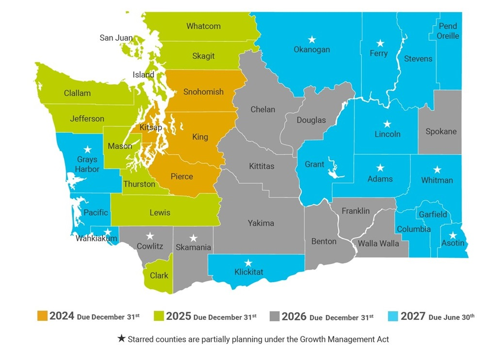 Map of Washington state showing the regional planning cycle schedule